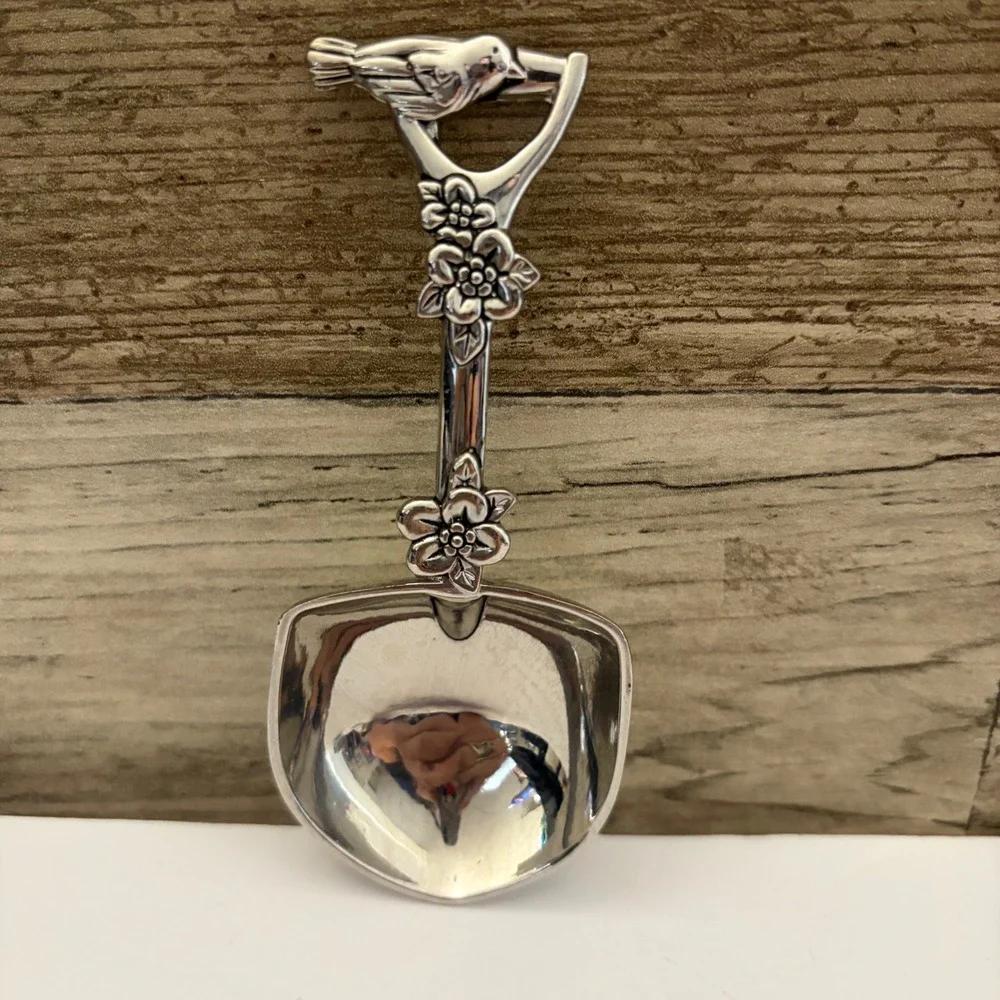 Silver Tone Garden Spade Shovel Spoon Bird and Flower Detail Novelty Server 4.5